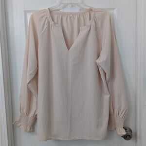 Women’s XL Blush Peach Blouse Smocked Cuffs Split Neck Lightweight Top